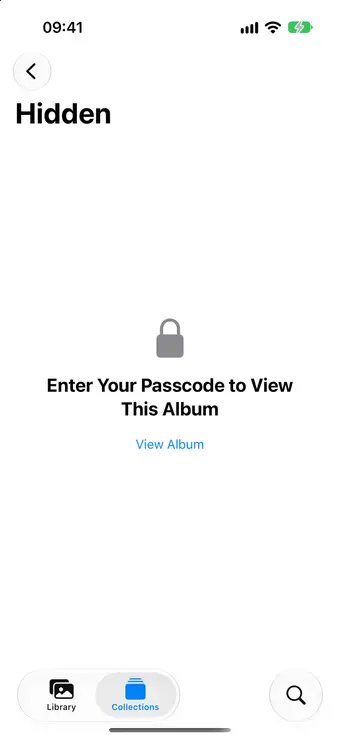 The Hidden album on iOS 27 before it's unlocked: a padlock, Enter Your Passcode to View This Album, and View Album