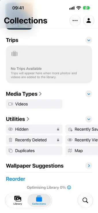 The Collections tab in Photos on iOS 27, with Hidden and Recently Deleted under Utilities, each marked with a lock
