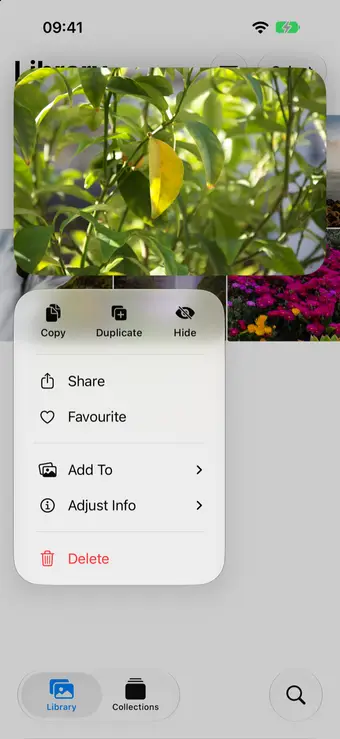 The Photos app's menu for a photo on iOS 27, with Copy, Duplicate and Hide along the top