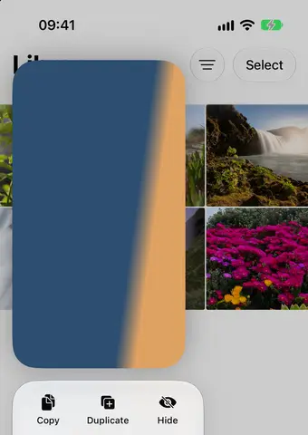 The Photos menu for a video on iOS 27, with Copy, Duplicate and Hide along the top