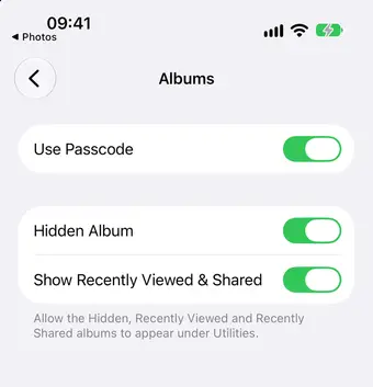 Settings, Apps, Photos, Albums on iOS 27, with Use Passcode, Hidden Album and Show Recently Viewed and Shared turned on
