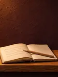 An open notebook with a few blurred handwritten lines and a pencil across the page.