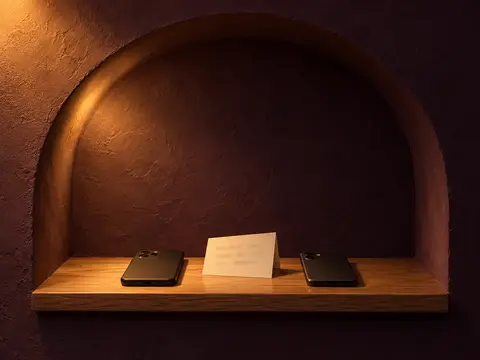 Two phones lie face down on an oak ledge in a lamplit arched niche, with a folded card of handwritten words between them.