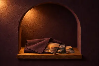 A folded plum linen cloth with one corner turned back, revealing printed photographs on an oak ledge in a lit arched niche.