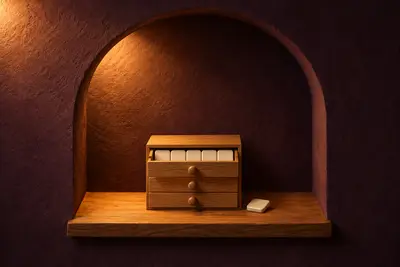 A small oak chest of drawers with a row of blank cream tiles in its open top drawer, one tile resting on the ledge, in a lit arched niche.