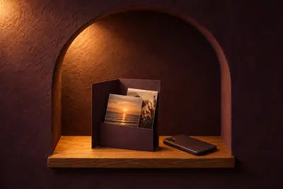 Printed photographs tucked into a plum card folder, a phone face-down beside it.