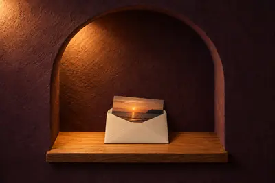 A printed beach photograph half slid into a cream envelope in a lit arched niche.