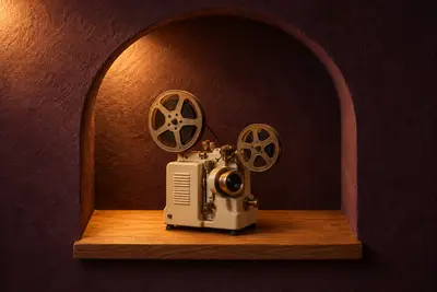 A small cream-and-brass vintage film projector in a lit arched niche.