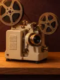 A small cream-and-brass vintage film projector in a lit arched niche.
