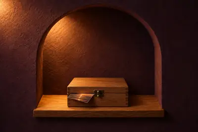 A closed oak box with a brass catch, a photograph's corner showing under the lid.
