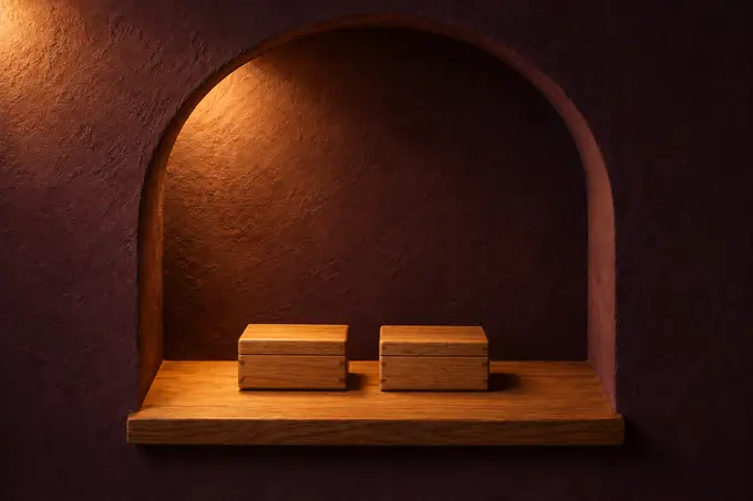 Two identical small oak boxes side by side in a lit arched niche.