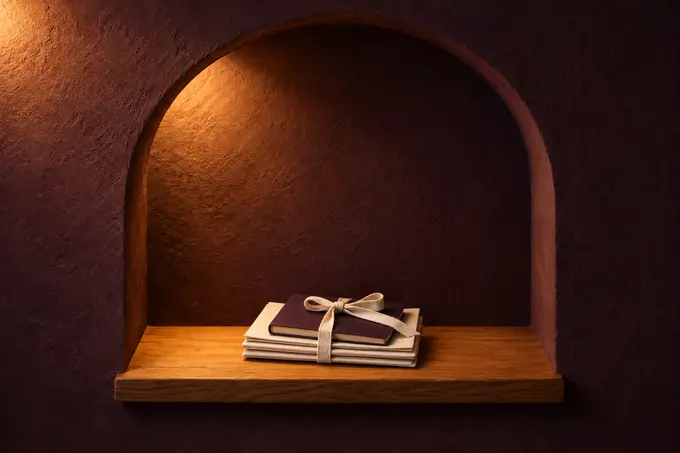 A stack of folded documents and a plain plum passport tied with cream ribbon in a lit arched niche.