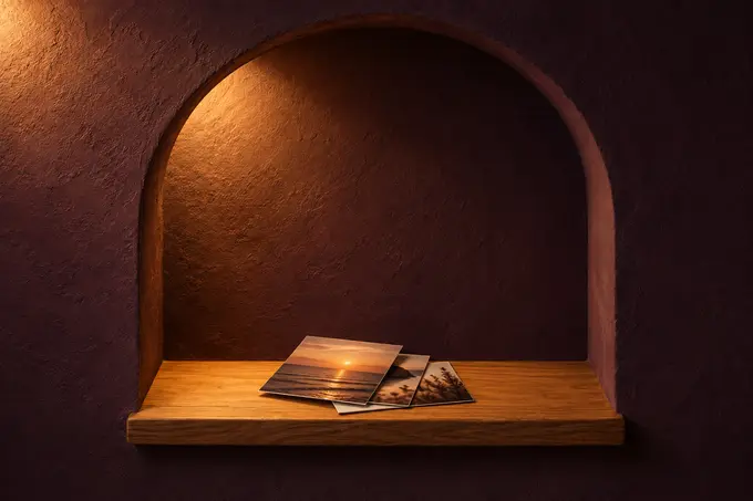 A small stack of printed photographs, a sunset over the sea on top, on an oak ledge in a lit arched niche.