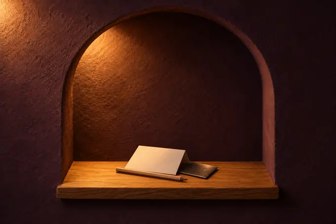 A folded cream card, a pencil and a shadowed steel plate in a lit arched niche.