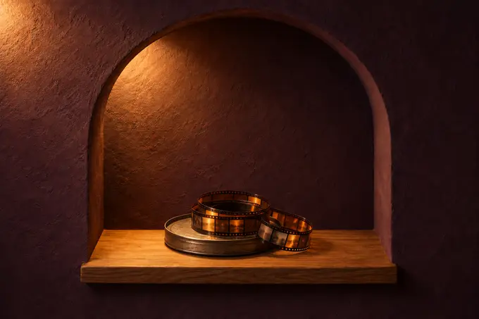 A coil of old cine film on a round tin lid in a lit arched niche.