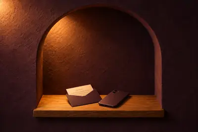 A card of blurred handwriting tucked into a plum envelope, a phone face-down beside it.