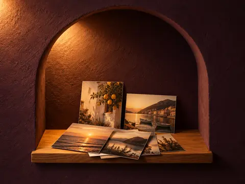 A fanned stack of holiday photographs on an oak ledge in a lit arched niche.