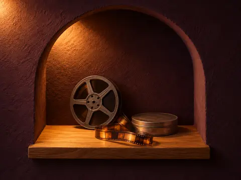 A vintage film reel and a curl of film on an oak ledge in a lit arched niche.